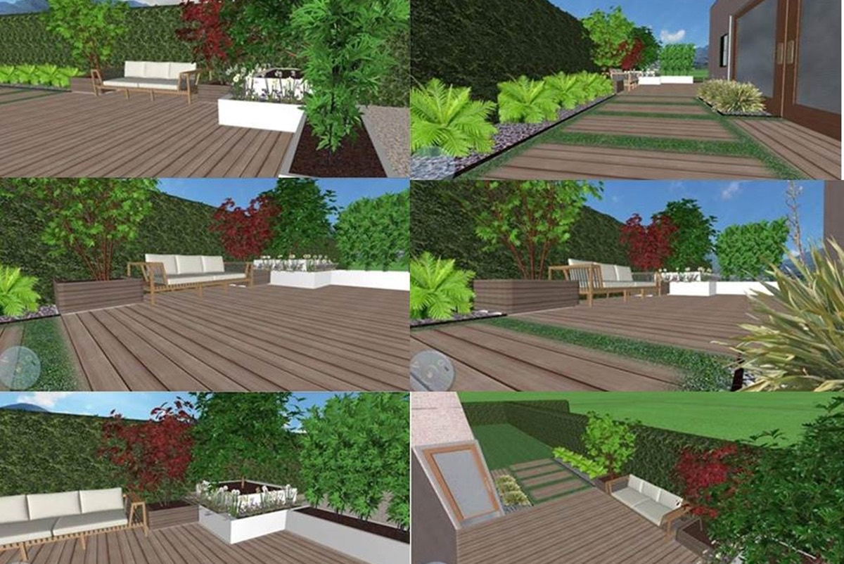 Render 3D di progettazione virtuale di un terrazzo