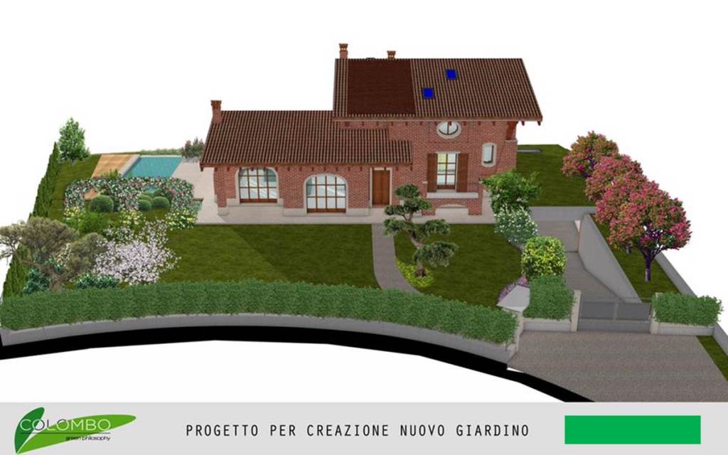 Render 3D di villa privata con giardino e piscina